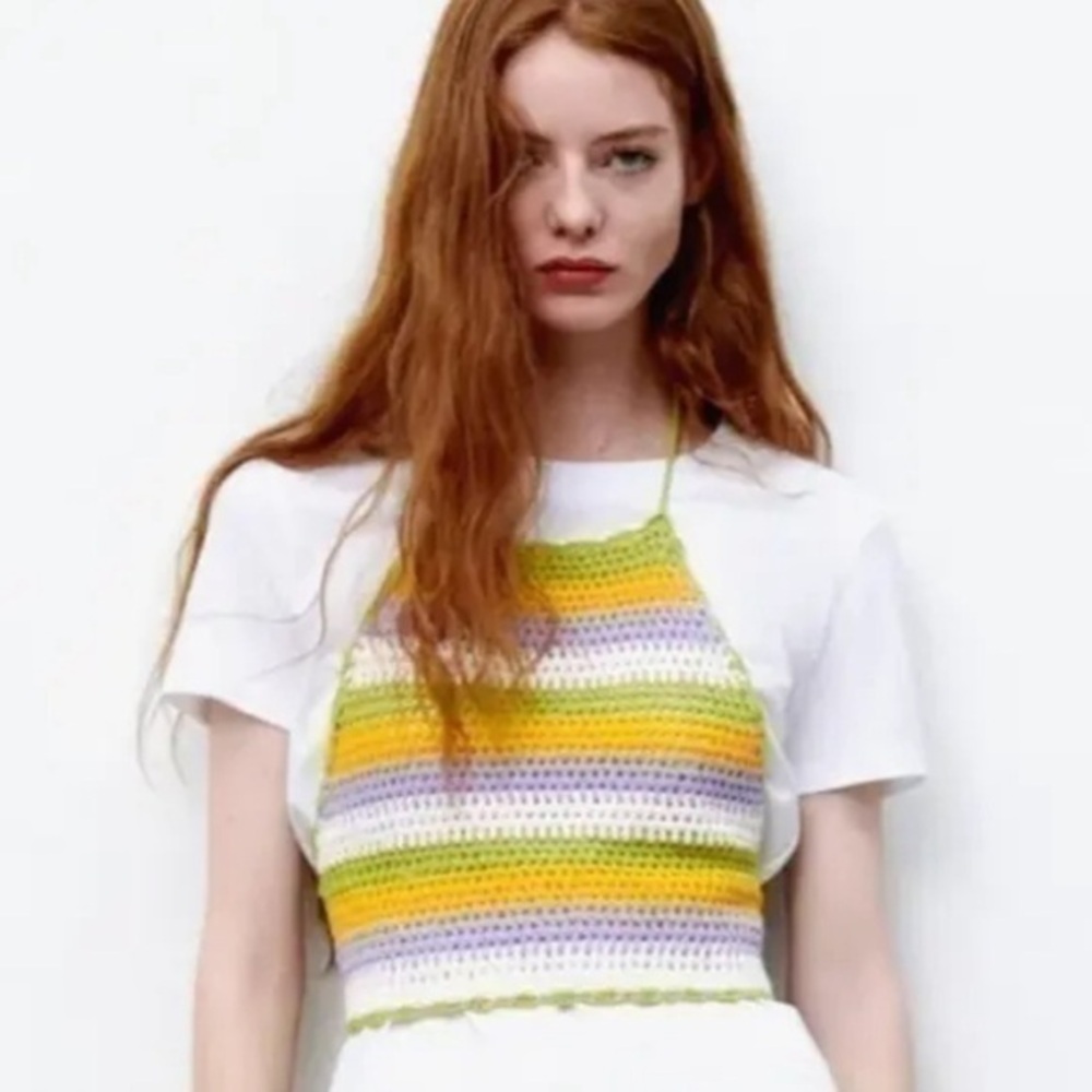 3/$30 _  ZARA | NWT 🏷️ Crochet crop halter top yellow purple green knit medium